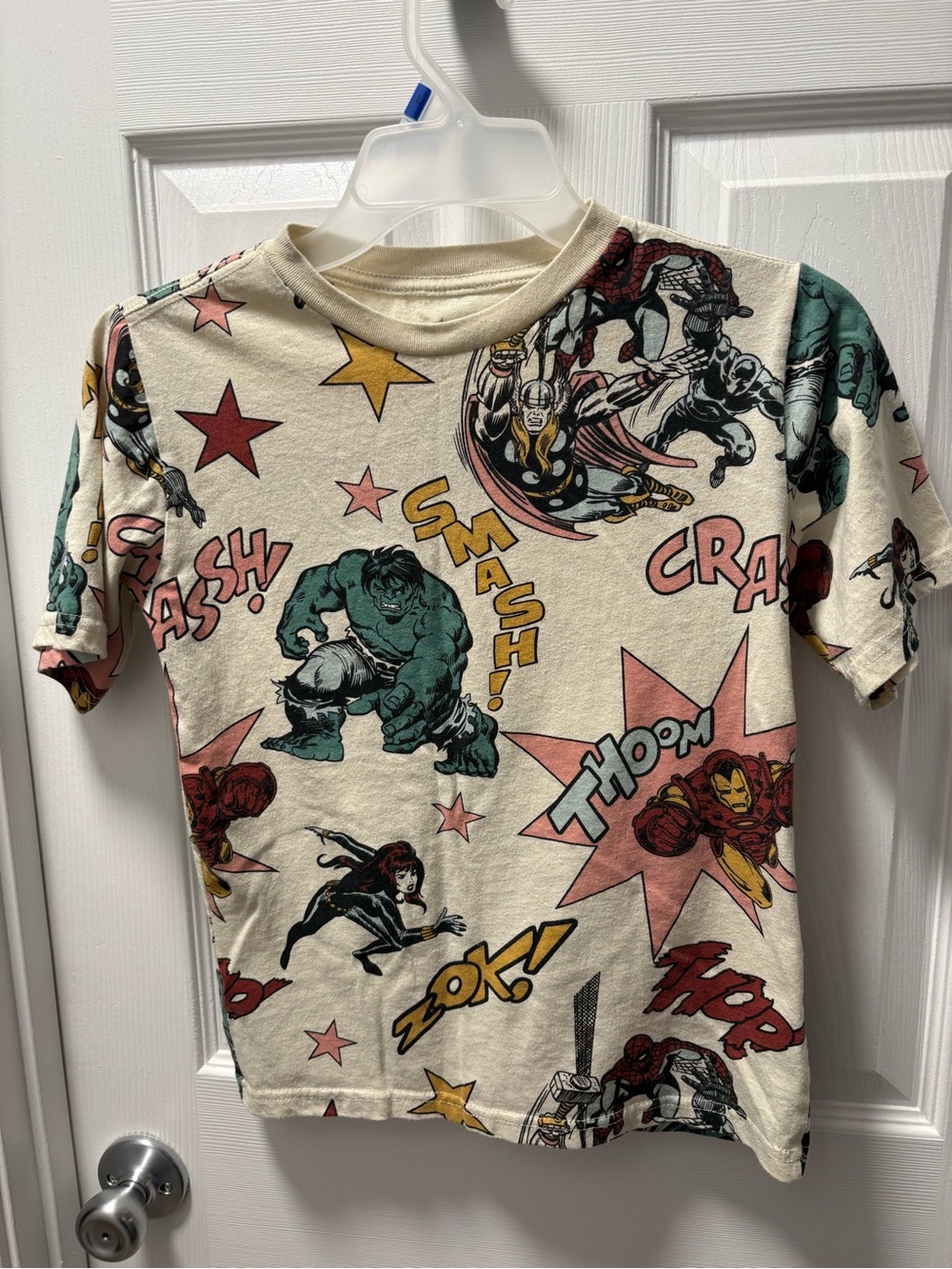 Marvel Superhero Kids Short Sleeve Comic Heroes Tee Cream with Multicolor Print